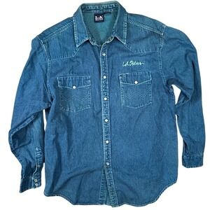 LA Blues Vintage Denim Western Pearl Snap Shirt Mens Large Blue Cotton 90s L